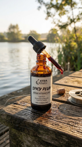 Amber glass bottle with dropper of dense spicy plum fishing amino attractant, glistening syrup texture, quiet lakeside atmosphere, warm morning shadows.