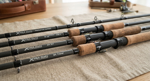 High quality carbon fiber fishing rods stacked neatly against an earthy linen background, showing cork handles and ceramic line guides.