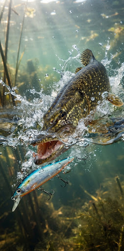 Aggressive northern pike striking an ultra realistic swimming jerkbait lure just below water surface, dramatic water spray and action