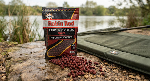 A durable branded pouch of Dynamite Baits Robin Red Carp Food Pellets 8mm with dark spicy crimson pellets spilled tastefully across an earthy stone surface beside an unhooking mat, authentic natural carp fishing photography.
