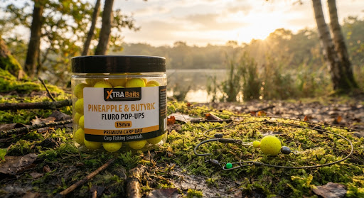 A transparent tub of bright fluro-yellow Pineapple and Butyric Pop-Up carp boilie baits resting on damp mossy ground next to a tactical carp rig and hook, illuminated by warm golden sunrise light, organic and crisp angling gear display.