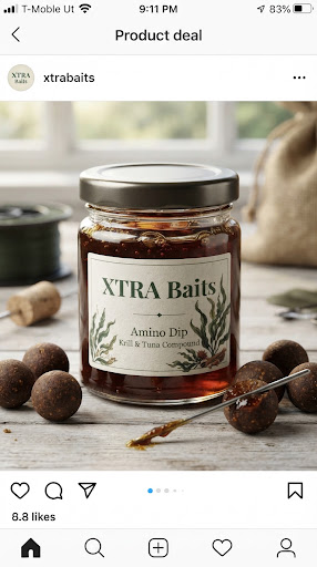 Artisan glass jar with dark amber thick amino liquid dip for carp boilies, elegant botanical styling, high resolution angling photography.