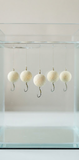 Neutral white creamy balanced wafter hookbaits submerged in water tank demonstrating perfect neutral buoyancy, clean minimalist shot, subtle reflection.
