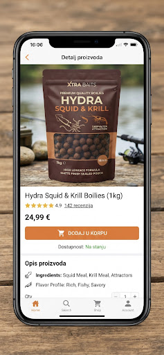 High quality detailed product photography of matte sealed pouch of Hydra Squid and Krill fishing boilies with clean typography and earth tone branding.