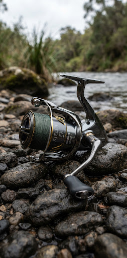 Precision engineered metallic fishing reel with braid line spooled, resting on dark textured river stone, muted natural outdoor light