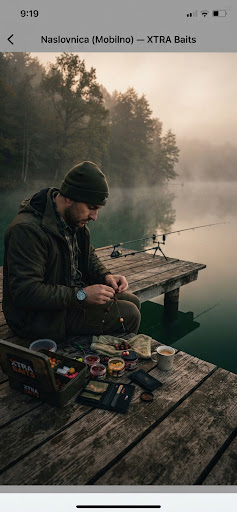 Serene morning mist over Lake Rakitje in Croatia, a focused carp angler preparing boilie bait on a wooden lakeside dock, calm dark emerald water reflecting gentle dawn light, muted natural forest greens and warm ochre tones, tactile film grain photography aesthetic
