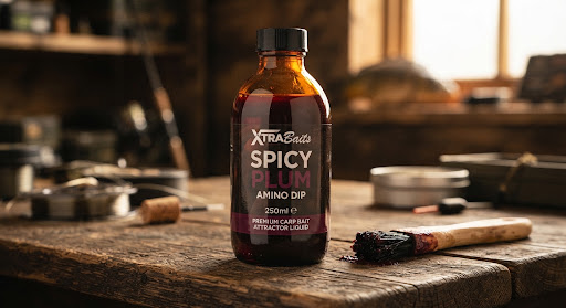 Amber cosmetic-style bait bottle of Spicy Plum Amino Dip 250ml with dark liquid visible through clear glass label, standing on aged dark wood next to a dipping bait brush, studio-grade warm directional lighting and editorial warmth.