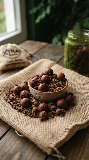 Handcrafted reddish brown boilies and coarse fishing groundbait pellets resting on textured burlap, natural atmospheric soft window light, deep forest green background accents