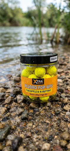Fluorescent yellow fluoro pop-up carp boilies in a compact jar with aroma droplets, resting on wet river gravel