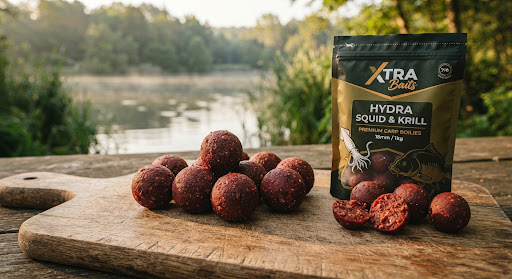 Close up photograph of dark red round carp boilies Hydra Squid and Krill on a rustic wooden board, soft morning lake light, warm tones of forest green and ochre, high quality fishing gear packaging.