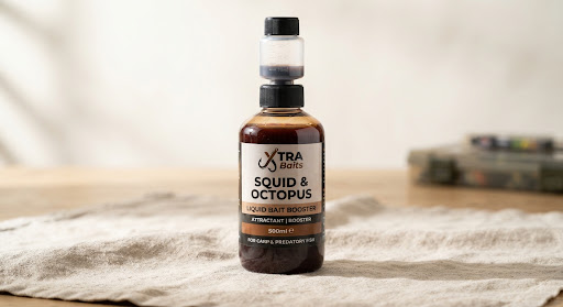 High contrast studio shot of XTRA Squid & Octopus liquid bait booster bottle with measurement cap on linen cloth.