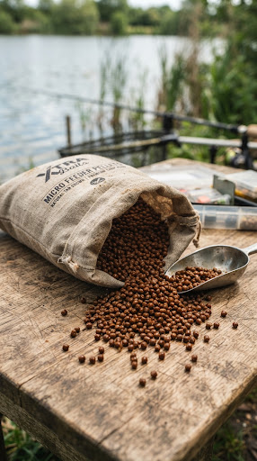 Rich natural tan brown micro pellets for feeder and spod carp fishing, spilling from a linen canvas bag, tactile editorial angling photo, natural lighting.