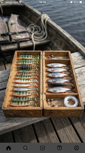 Collection of soft shad lures in natural perch and roach colors arranged neatly on aged wooden tackle box, realistic pike fishing aesthetic