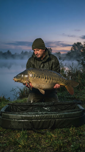 Massive wild mirror carp safely cradled over an unhooking mat by a carp fisherman at twilight, misty lake background