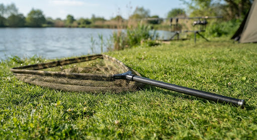 Fox Carp landing net with carbon handles and fish-friendly camou mesh lying on green grass.