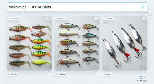Selection of lifelike soft silicone lures, wobblers and silver pike spoons displayed in an organized modern fishing tackle layout.