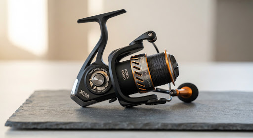 Matte black and anodized aluminum freespool fishing reel resting cleanly on a minimalist studio stone slab with precision gears.