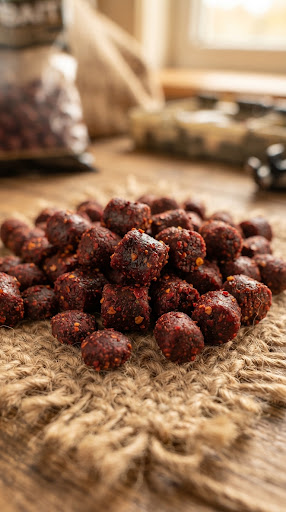 Deep dark red Robin Red feeder pellets lying on woven twine mat, authentic spicy red pepper specks visible, warm earthen natural light.