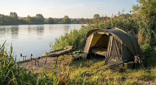 Durable olive green bivvy tent and portable folding angler bedchair set up by the edge of natural water reeds in morning sunlight.